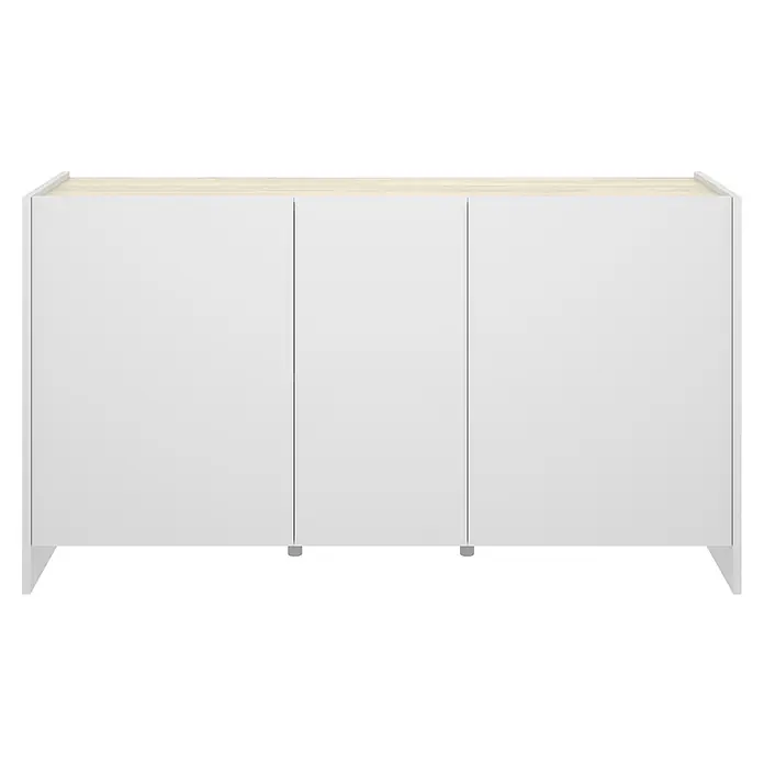 Dekit Aparador Kloe - L x An x Al: 42 x 138 x 76 cm, Blanco/Natural, Número de puertas: 3 ud. - Elegante aparador en blanco y decoración de madera clara. Almacenamiento práctico y diseño elegante para espacios modernos.