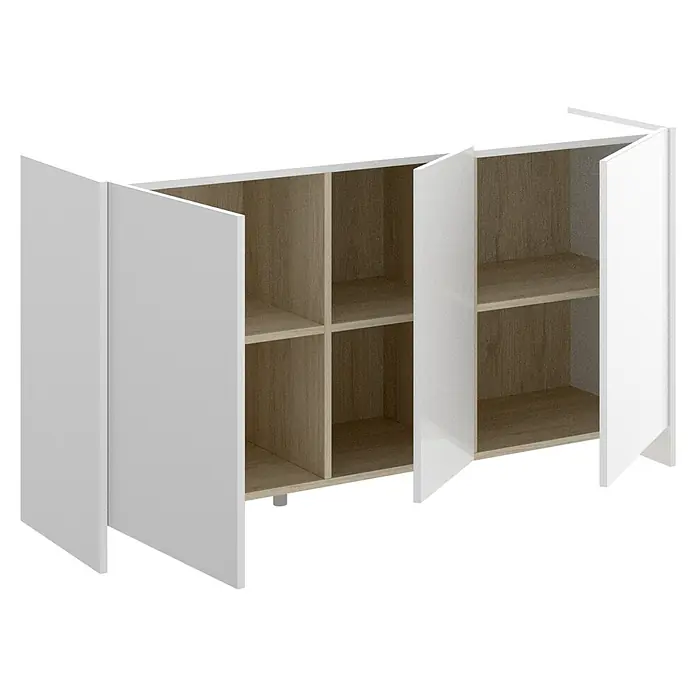 Dekit Aparador Kloe - L x An x Al: 42 x 138 x 76 cm, Blanco/Natural, Número de puertas: 3 ud. - Aparador blanco con puertas abiertas que revelan compartimentos con detalles de madera. Elegante mueble para guardar.