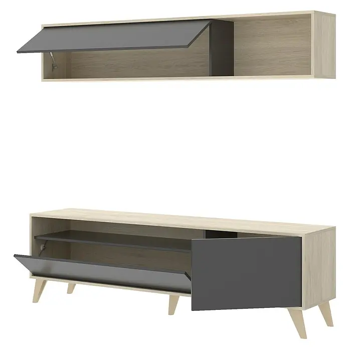 Dekit Conjunto mueble de salón Bonn - Natural/Grafito, 2 pzs. - Un moderno conjunto de muebles de TV de dos piezas con aspecto de madera, detalles grises y espacio de almacenamiento práctico.