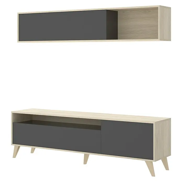 Dekit Conjunto mueble de salón Bonn - Natural/Grafito, 2 pzs. - Moderno conjunto de muebles de TV en gris y aspecto de madera. El conjunto incluye un mueble bajo y una estantería de pared para un ambiente de sala de estar elegante.