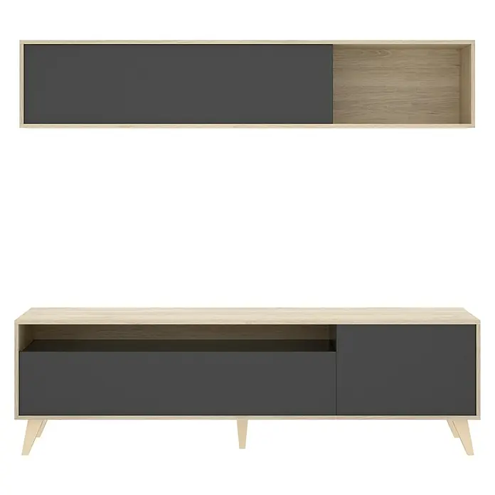 Dekit Conjunto mueble de salón Bonn - Natural/Grafito, 2 pzs. - Mueble de TV moderno con estante de pared en aspecto de roble y antracita. Elegante conjunto de muebles para el salón.