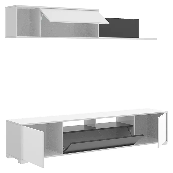 Dekit Conjunto mueble de salón Ken - Blanco brillo/Grafito, 3 pzs. - Mueble de TV moderno en blanco y gris con estanterías abiertas y puertas abatibles para un almacenamiento elegante.