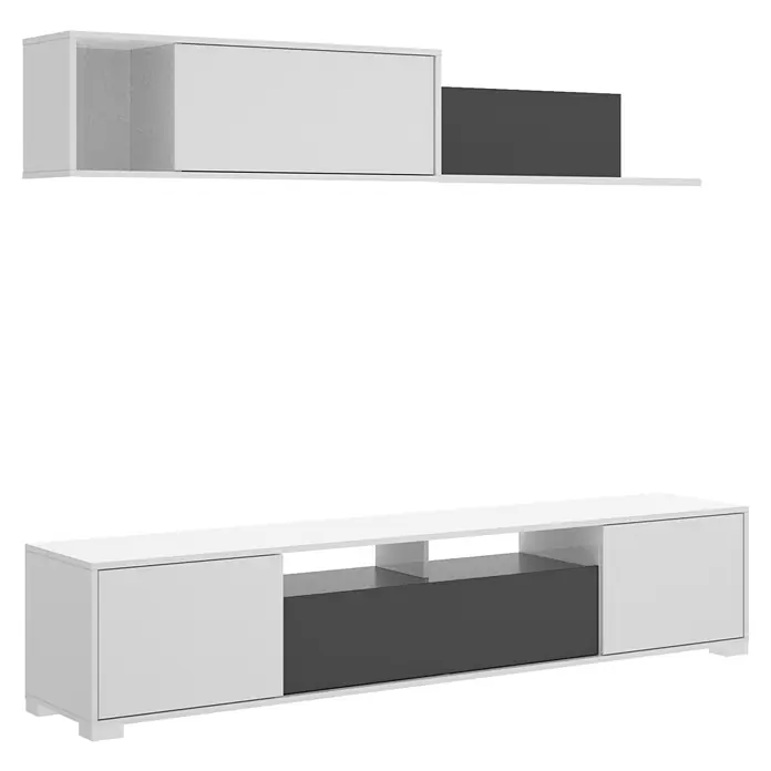 Dekit Conjunto mueble de salón Ken - Blanco brillo/Grafito, 3 pzs. - Moderno conjunto de muebles de TV en blanco y gris con estante flotante para un salón elegante.