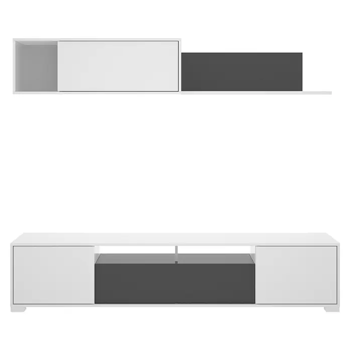 Dekit Conjunto mueble de salón Ken - Blanco brillo/Grafito, 3 pzs. - Mueble de pared para TV moderno en blanco y gris, que incluye un mueble bajo y un mueble de pared. Diseño elegante.