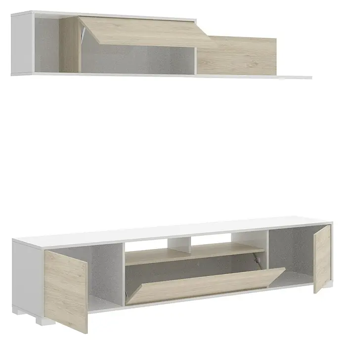 Dekit Conjunto mueble de salón Ken - Blanco brillo/Natural, 3 pzs. - Mueble de TV moderno en blanco y aspecto de madera que incluye un aparador bajo y un armario de pared.