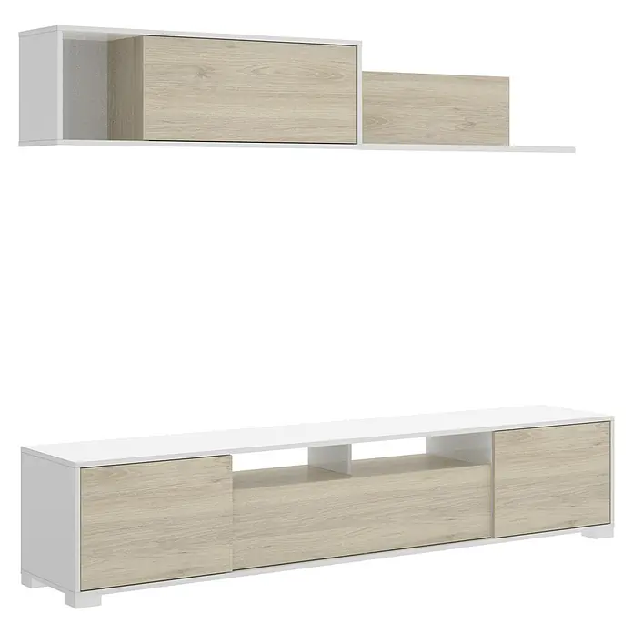 Dekit Conjunto mueble de salón Ken - Blanco brillo/Natural, 3 pzs. - Moderno conjunto de muebles de TV en blanco y aspecto de madera con unidades de pared para un ambiente elegante en la sala de estar.