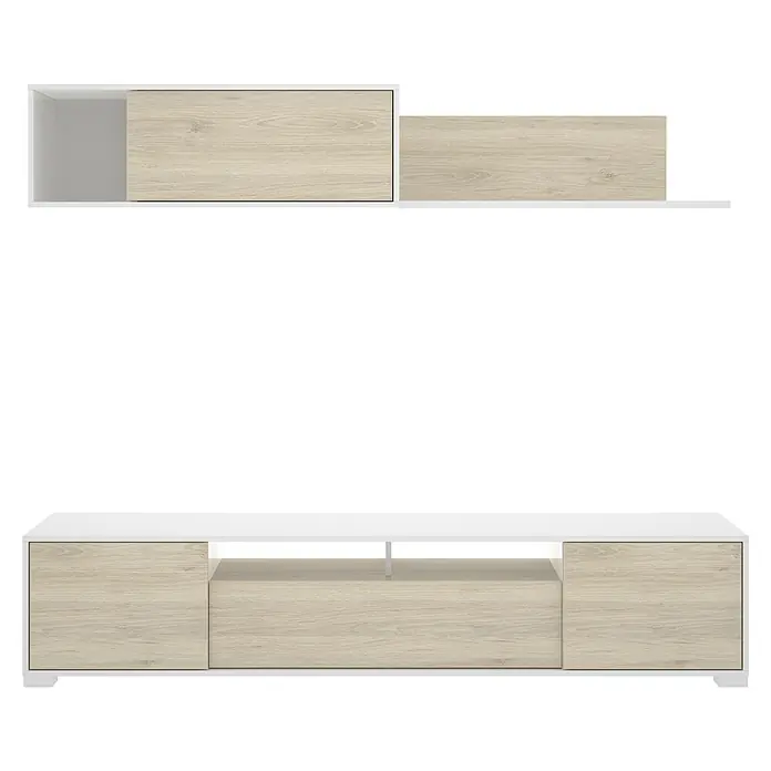 Dekit Conjunto mueble de salón Ken - Blanco brillo/Natural, 3 pzs. - Elegante mueble de pared para TV en blanco y aspecto de madera. Este mueble ofrece almacenaje y espacio para salones modernos.