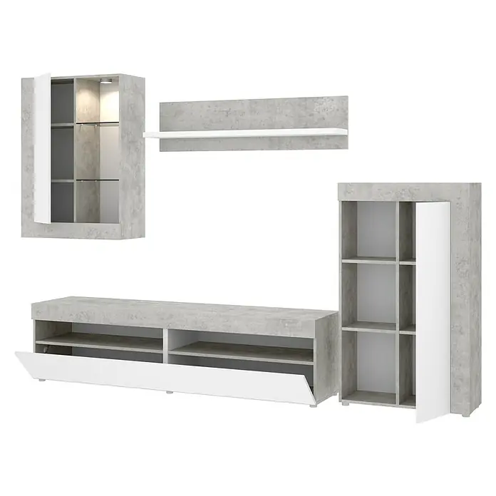 Dekit Conjunto mueble de salón Toki - Blanco/Cemento, Iluminación LED, 4 pzs. - Moderno conjunto de salón con mueble de TV, estante colgante, vitrina y armario en aspecto de hormigón y blanco.