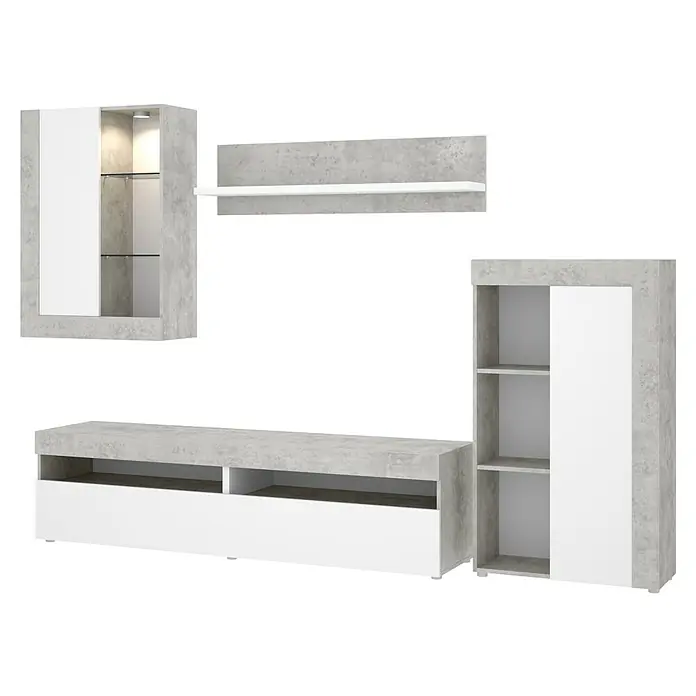 Dekit Conjunto mueble de salón Toki - Blanco/Cemento, Iluminación LED, 4 pzs. - Mueble de salón moderno con aspecto de hormigón y detalles en blanco, compuesto por vitrina colgante, estante, mueble de TV y armario alto.