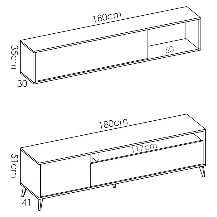 Dekit Conjunto mueble de salón Bonn - Natural/Grafito, 2 pzs. - Ilustración de un mueble de TV con dimensiones de 180cm de largo, 35cm de alto, 30cm de profundidad (arriba) y 51cm de alto (abajo).