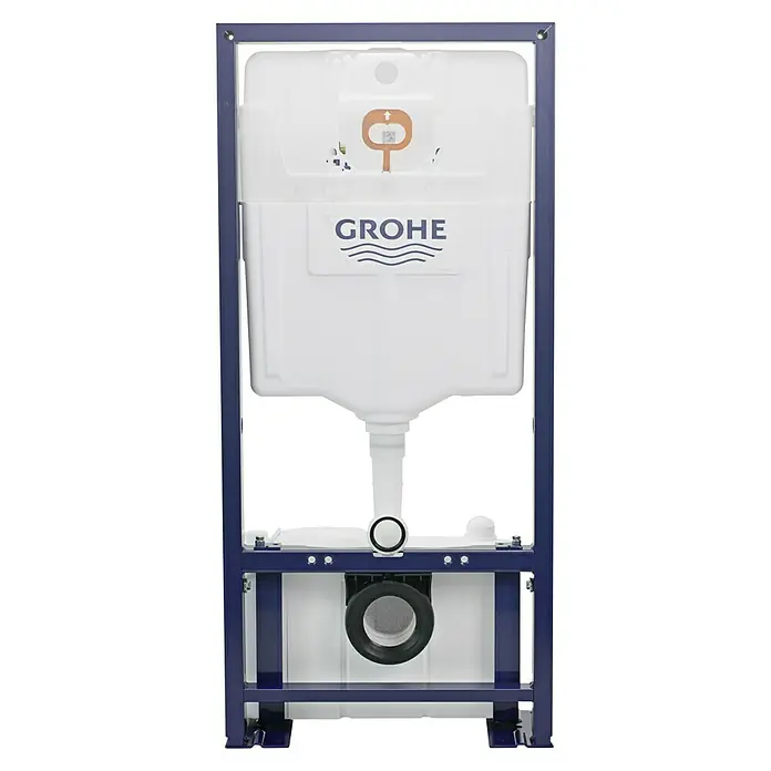 Setma WC-Vorwandelement Watersan Wall - 23 x 50 x 112 cm, Mit Kleinhebeanlage, Pulverbeschichtet - Einbau-Spülkasten von Grohe in einem blauen Montagrahmen, ideal für moderne Badezimmerdesigns und einfache Installation.
