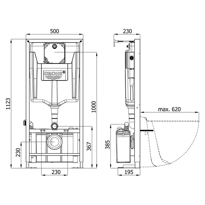 Setma WC-Vorwandelement Watersan Wall - 23 x 50 x 112 cm, Mit Kleinhebeanlage, Pulverbeschichtet - Technische Zeichnung des Grohe Installationssystems mit allen Maßen.