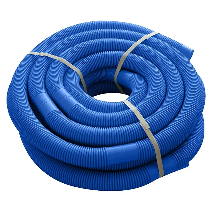 Malibu Schwimmbadschlauch - Durchmesser: 32 mm, Länge: 13 m - Gerollter blauer Schwimmbadschlauch mit spiralförmigem Design und stabilen Verbindungsstücken, fixiert mit beigen Bändern.