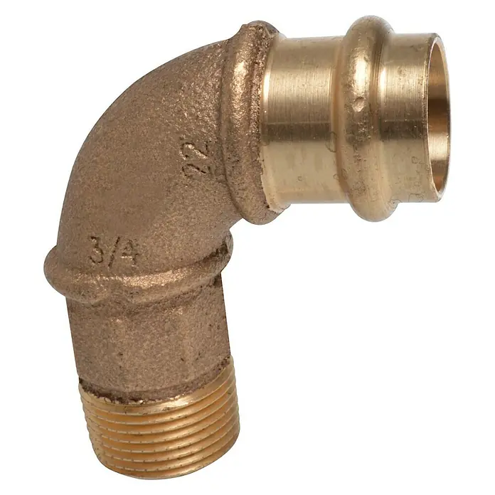 Press-Übergangswinkel - Durchmesser: 22 mm, Außengewinde: ¾″, Presskontur: V - Abbildung eines 3/4-Zoll-Messing-Pressfitting-Winkelstücks mit Gewindeanschluss. Ideal für Sanitärinstallationen.