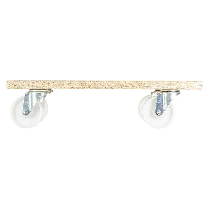 Wagner System Transportroller MM 1630 - L x B x H: 300 x 575 x 118 mm, Traglast: 400 kg, Holz - Holzbrett mit zwei weißen Rollen. Praktisches Hilfsmittel für den Transport schwerer Gegenstände, ideal für Werkstatt und Lager.