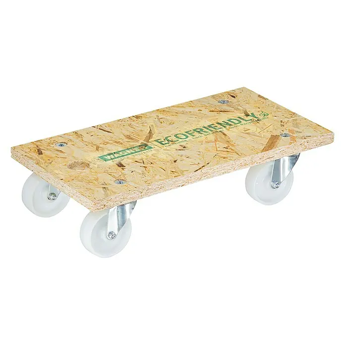 Wagner System Transportroller MM 1630 - L x B x H: 300 x 575 x 118 mm, Traglast: 400 kg, Holz - Abbildung eines Transportrollers mit einer Holzplattform und vier weißen Rollen. Der Roller ist ideal für den einfachen Transport schwerer Gegenstände.