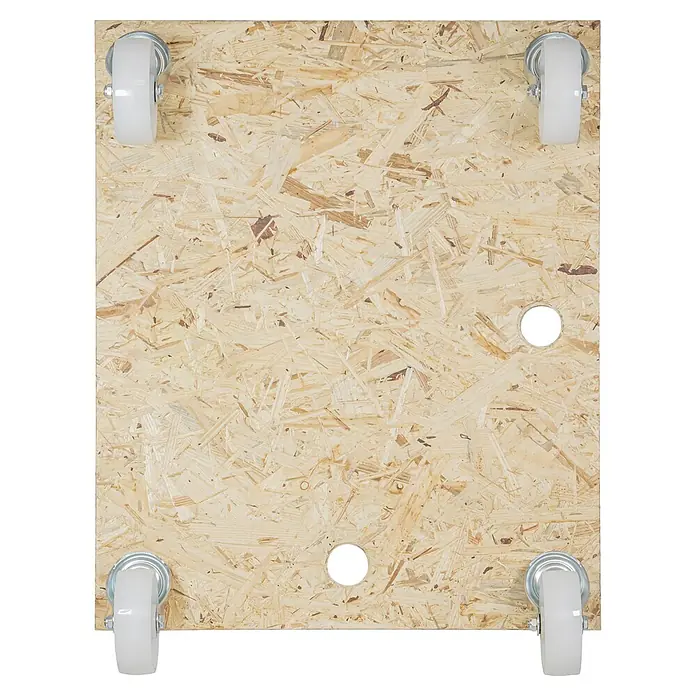 Wagner System Transportroller MM 1617 - L x B x H: 590 x 490 x 25 mm, Traglast: 400 kg, Holz - Das Bild zeigt eine hölzerne Transportrolle mit vier weißen Rollen und zwei Löchern in der Mitte. Das Holz hat eine deutliche Maserung.