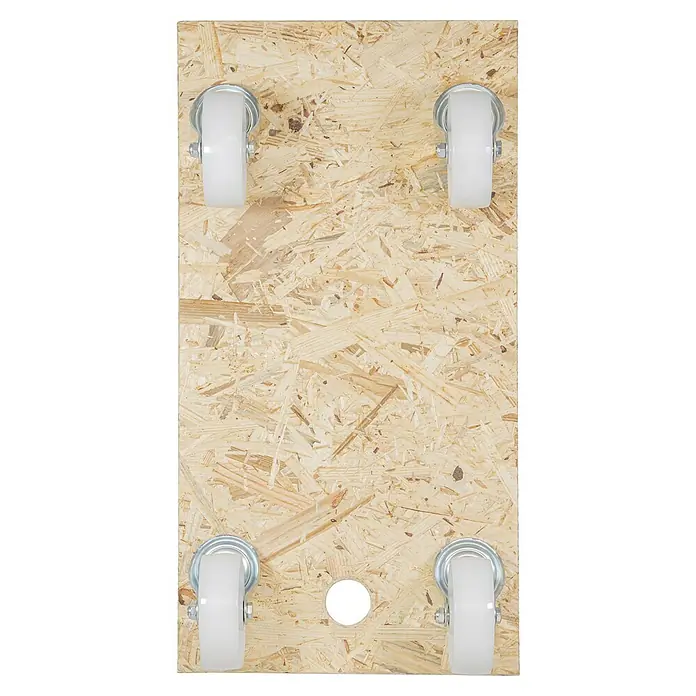 Wagner System Transportroller MM 1630 - L x B x H: 300 x 575 x 118 mm, Traglast: 400 kg, Holz - Ansicht einer Holzpalette mit vier weißen Rollen und einem mittigen Loch, ideal für einfache Transporte und Lagerung.