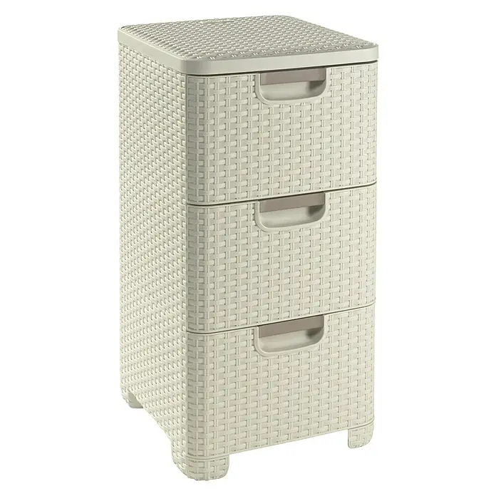 Curver Style Caja para cajón - 33 x 38 x 60 cm, Plástico, Crema - Una torre de almacenamiento beige con tres cajones estilo ratán, ideal para organizar varios artículos.