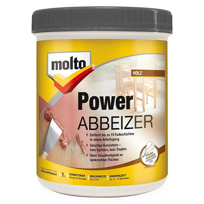 Molto Abbeizer Power - 1 l - Produktbild von Molto Power Abbeizer, einem Farbentferner für Holz, der bis zu 15 Farbschichten in einem Arbeitsgang entfernt.