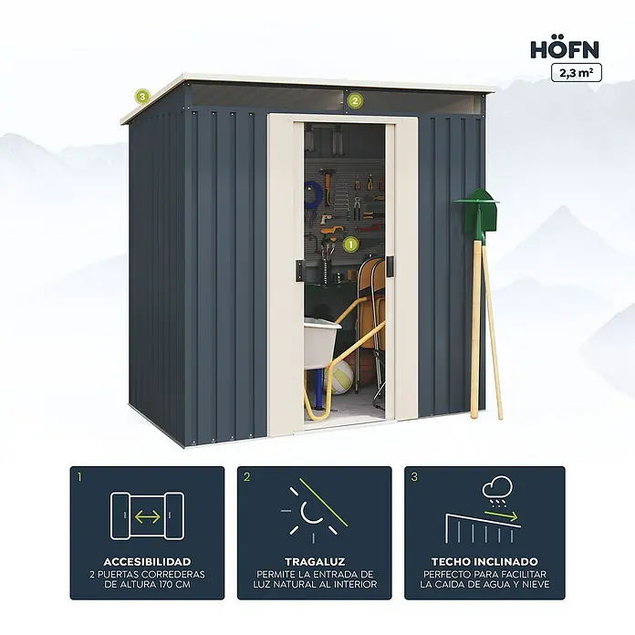 Hoggar Caseta para jardín Hofn - Medidas ext. (An x Pr): 195 x 121 cm, Antracita, Beige, Acero, Área: 2,3 m² - El cobertizo de jardín HÖFN de 2,3 m² ofrece un amplio espacio de almacenamiento. Cuenta con una puerta alta, un tragaluz y un techo inclinado.