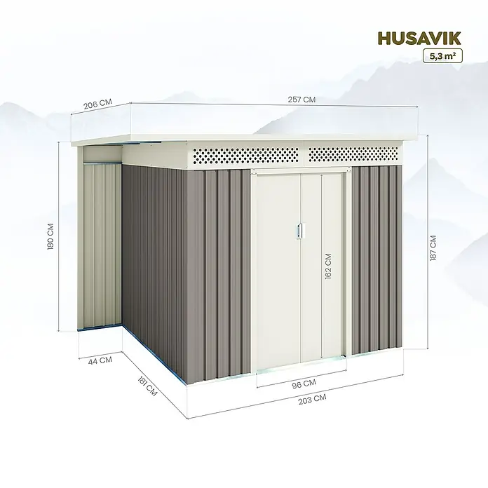 Hoggar Gerätehaus Husavik - Außenmaß inkl. Dachüberstand (B x T): 257 x 206 cm, Taupe, Stahl, 5,3 m² - Abbildung eines Husavik-Gartenschuppens mit Maßangaben zu Höhe, Breite und Tiefe. Ideal zur Aufbewahrung von Gartengeräten.