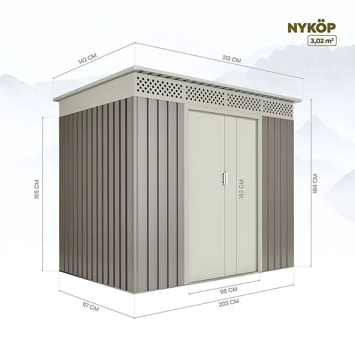 Hoggar Gerätehaus Nyköp - Außenmaß inkl. Dachüberstand (B x T): 213 x 142 cm, Taupe, Stahl, Grundfläche: 3,02 m² - Abbildung eines Gerätehauses in Grau mit den Maßen 142 x 213 x 165 cm und einer Tür von 96 x 162 cm.
