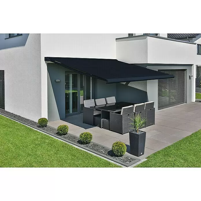 Deyo Limassol Vollkassettenmarkise - Dunkelgrau, Farbe Gestell: Anthrazitgrau Feinstruktur, Breite: 3,5 m, Ausfall: 3 m - Stimmungsaufnahme