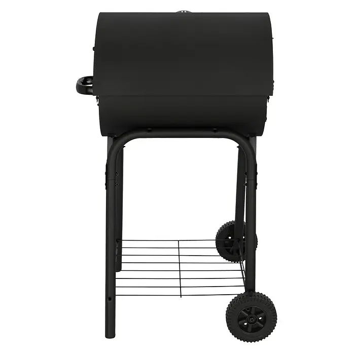 Grillstar Holzkohlegrill Grilltonne - B x T x H: 68 x 66 x 109 cm, Grillfläche (B x T): 46 x 43 cm, Schwarz - Abbildung eines tragbaren Holzkohlegrills mit Deckel und Ablagefläche. Das Gerät ist ideal für Grillliebhaber.