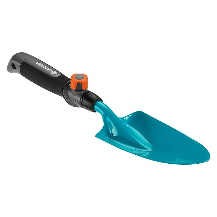 Gardena Combisystem Blumenkelle - Arbeitsbreite: 8,5 cm, Stahl - Gartengerät: Eine blaue Gardena Pflanzschaufel mit schwarzem Griff, ideal für Gartenarbeiten und präzises Pflanzen.