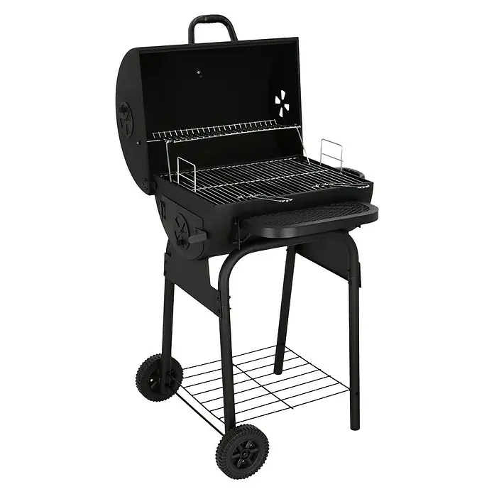 Grillstar Holzkohlegrill Grilltonne - B x T x H: 68 x 66 x 109 cm, Grillfläche (B x T): 46 x 43 cm, Schwarz - Schwarzer Holzkohlegrill mit Ablagefläche und Rädern für einfachen Transport im Garten oder auf der Terrasse.