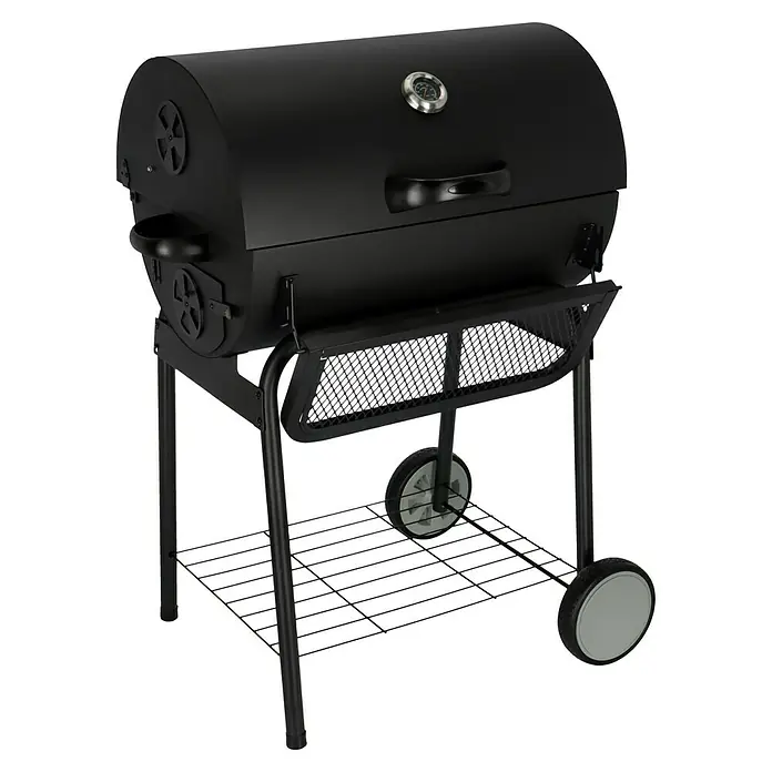 Grillstar Holzkohlegrill Grilltonne - B x T x H: 109 x 71 x 87 cm, Grillfläche (B x T): 64 x 43 cm, Schwarz - Schwarzer Holzkohlegrill mit Deckelthermometer, Ablagefläche und Rädern für den einfachen Transport. Ideal für Grillabende im Freien.