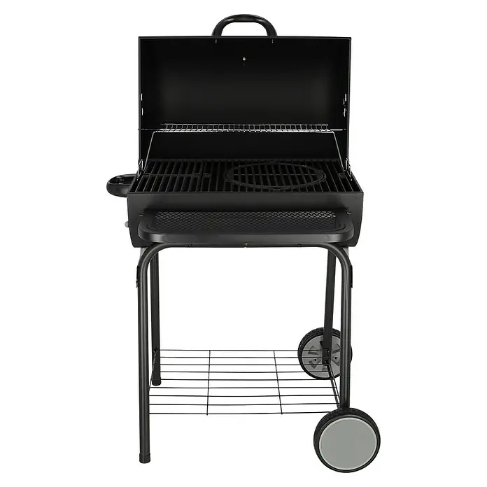 Grillstar Holzkohlegrill GrilltonneB x T x H: 109 x 71 x 87 cm, Grillfläche (B x T): 64 x 43 cm, Schwarz - Schwarzer Holzkohlegrill mit offenem Deckel, Ablageflächen und Rädern für den einfachen Transport. Ideal für Grillabende im Freien.