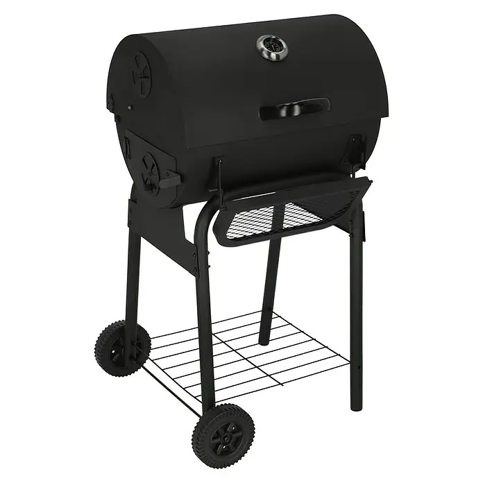 Grillstar Holzkohlegrill Grilltonne - B x T x H: 68 x 66 x 109 cm, Grillfläche (B x T): 46 x 43 cm, Schwarz - Schwarzer Holzkohlegrill mit Räder und Ablagefläche für Grillzubehör, ideal für den Garten.
