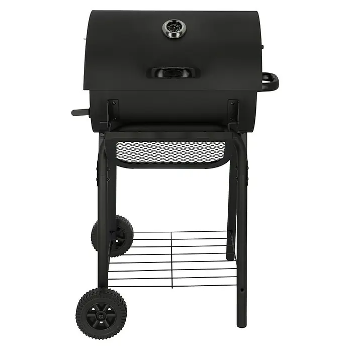 Grillstar Holzkohlegrill Grilltonne - B x T x H: 68 x 66 x 109 cm, Grillfläche (B x T): 46 x 43 cm, Schwarz - Schwarzer Grill mit Thermometer am Deckel und Ablagefläche. Das Grillgerät steht auf einem Untergestell mit Rädern.