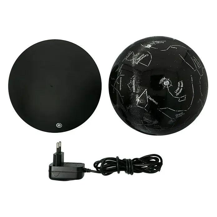 LED-Dekoleuchte rund Sternbilder - 3 W, Schwarz - Eine Sternbild-Lampe mit schwarzem Sockel und zugehörigem Netzteil. Ideal für Astronomie-Enthusiasten.