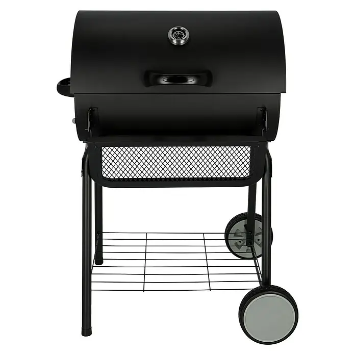 Grillstar Holzkohlegrill GrilltonneB x T x H: 109 x 71 x 87 cm, Grillfläche (B x T): 64 x 43 cm, Schwarz - Schwarz Grill mit Deckel, einem Ablagefach und zwei Rädern. Der Grill eignet sich ideal zum Grillen im Freien.
