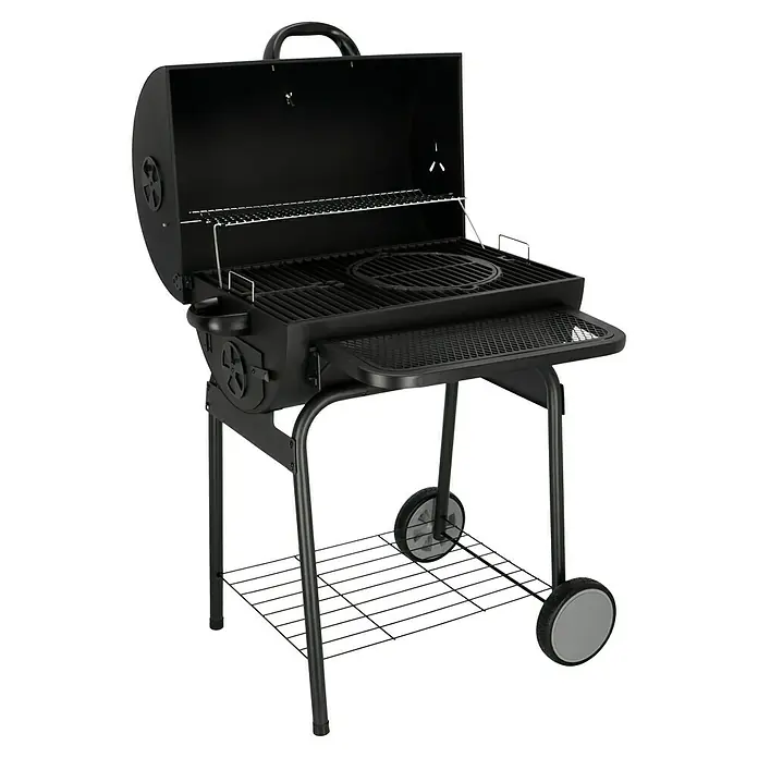 Grillstar Holzkohlegrill GrilltonneB x T x H: 109 x 71 x 87 cm, Grillfläche (B x T): 64 x 43 cm, Schwarz - Schwarzer Holzkohlegrill mit Ablage und Rädern, ideal für Grillabende im Freien. Einfache Handhabung und Reinigung.