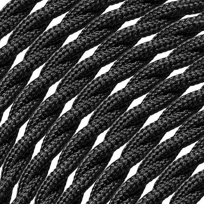 Home Sweet Home Textilkabel Meterware Online - Schwarz, 3, 0,75 mm², Gedreht - Mehrere schwarze geflochtene, gedrehte Kabel diagonal angeordnet.