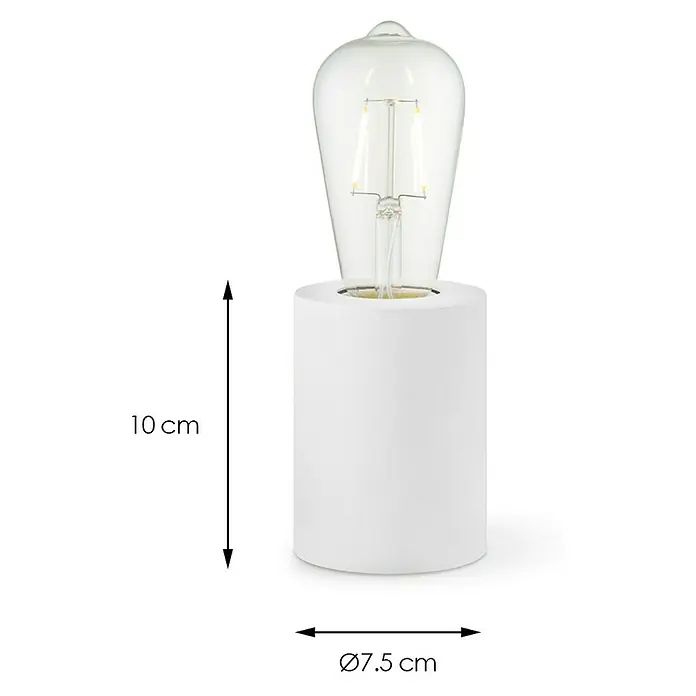 Home Sweet Home Lampenfuß Dry - 10 W, E27, Weiß, Höhe: 10 cm - Detailaufnahme einer Tischlampe mit Maßen. Die Lampe hat einen weißen Sockel und eine klare Edison-Glühbirne.