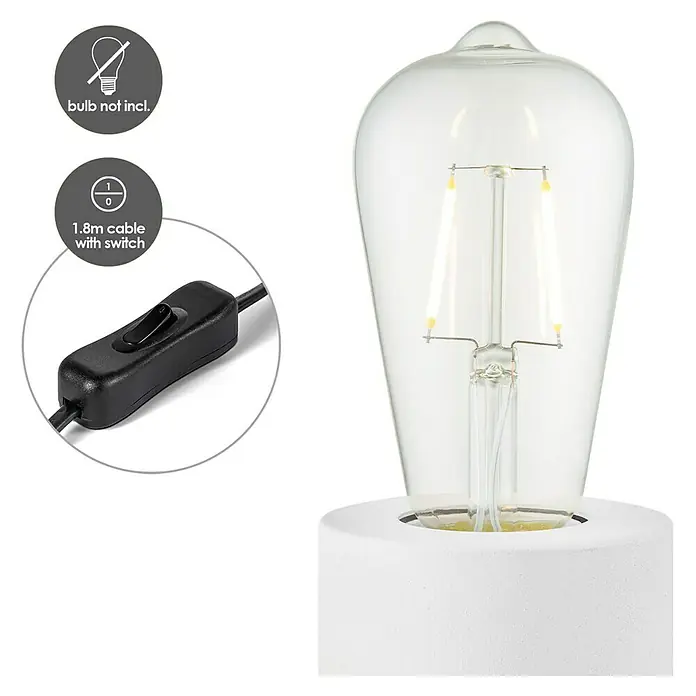 Home Sweet Home Lampenfuß Dry - 10 W, E27, Weiß, Höhe: 10 cm - Produktansicht: Tischleuchte mit Edison-Glühbirne (nicht enthalten) und Schalter am 1,8 m langen Kabel für einfache Bedienung.