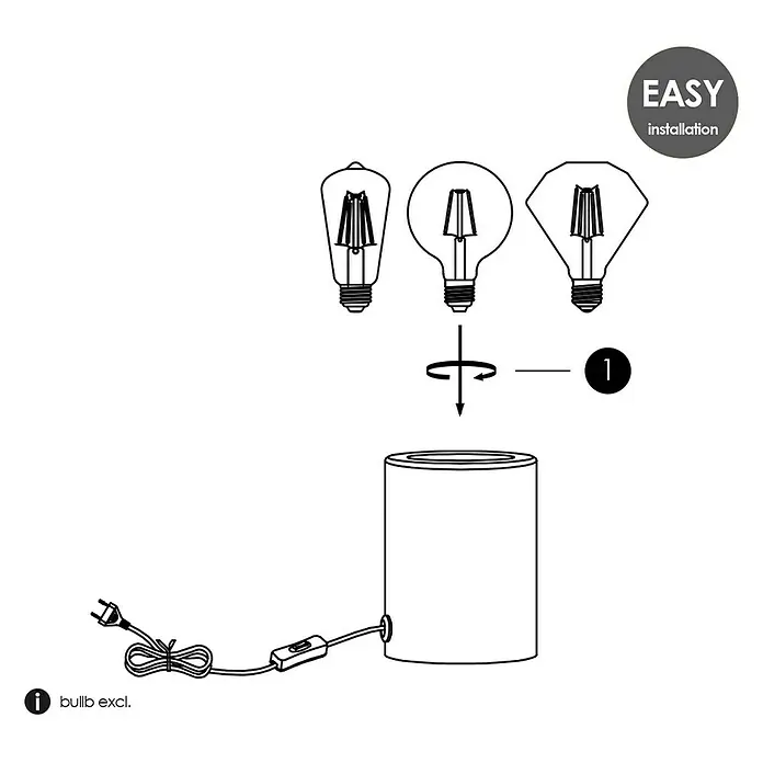 Home Sweet Home Lampenfuß Dry - 10 W, E27, Weiß, Höhe: 10 cm - Abbildung zeigt eine Installationsanleitung für eine Lampe, die das Einschrauben einer Glühbirne in die Lampenfassung darstellt.