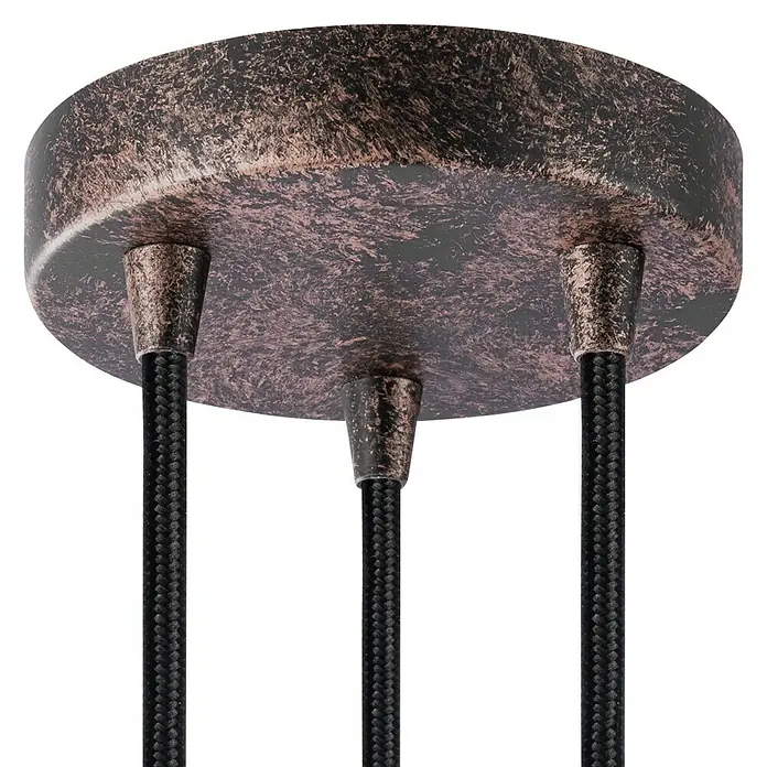 Home Sweet Home Lampenbaldachin - 3-fach, Rost, Metall, 12 cm - Nahaufnahme einer Deckenleuchte mit drei schwarzen Kabeln und einem bronzefarbenen, strukturierten Baldachin.