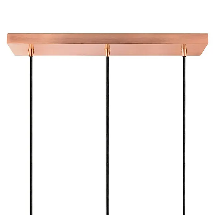 Home Sweet Home Lampenbaldachin - 3-fach, Kupfer, 9,5 x 47 cm - Detailaufnahme einer kupferfarbenen Deckenleuchte mit drei schwarzen Kabeln, die von der rechteckigen Basis hängen. Elegantes und modernes Design.