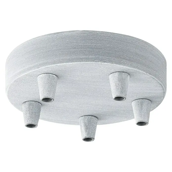 Home Sweet Home Lampenbaldachin - 5-fach, Beton, Metall, 12 cm - Nahaufnahme einer grauen, runden Deckenleuchte mit fünf kegelförmigen Fassungen für Leuchtmittel auf schwarzem Hintergrund.