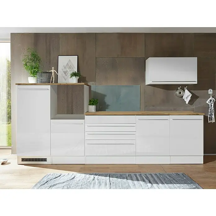 Respekta Küchenleerblock Gabriel - Breite: 320 cm, Weiß, Ohne Elektrogeräte - Eine moderne, weiße Küchenzeile mit viel Stauraum und einer hellen Holzarbeitsplatte. Perfekt für eine stilvolle und funktionale Küche.