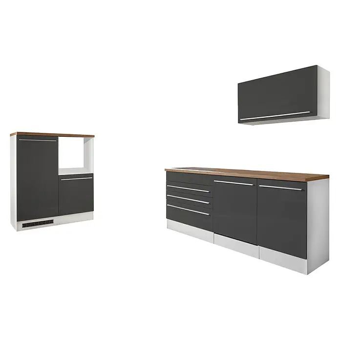 Respekta Küchenleerblock Gabriel - Breite: 320 cm, Grau, Ohne Elektrogeräte - Das Bild zeigt eine moderne Küchenzeile in Grau und Weiß mit Holzplatte, bestehend aus einem Schrank, Unterschränken und einem Hängeschrank.