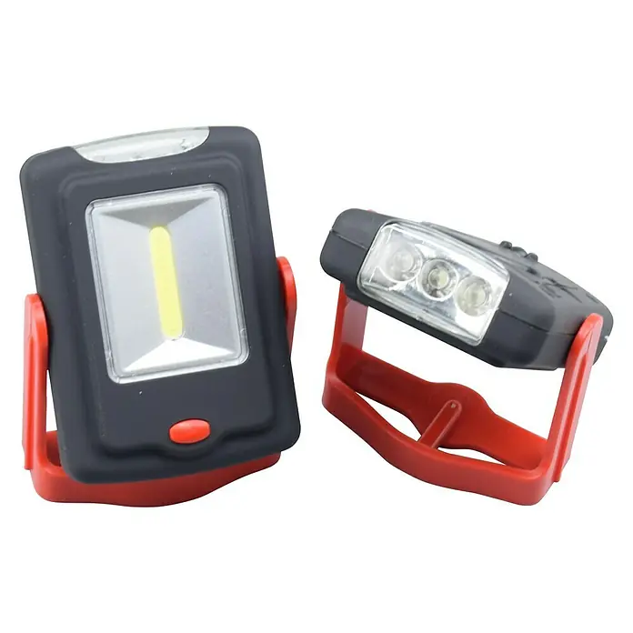 BAUHAUS Mobiles LED-Licht - Schwarz/Rot, Höhe: 97 mm, IP20 - Zwei tragbare LED-Arbeitsleuchten mit roter Halterung und verschiedenen Lichtquellen für vielseitige Beleuchtung.
