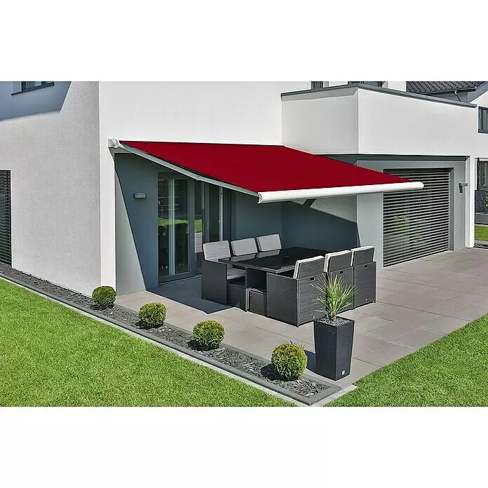 Deyo Limassol Vollkassettenmarkise - Rot, Farbe Gestell: Signalweiß, Breite: 3,5 m, Ausfall: 3 m - Stimmungsaufnahme