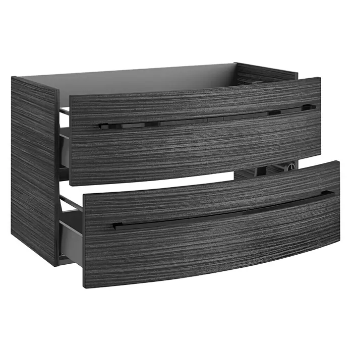 Camargue Swing K Waschtischunterschrank - 89 x 46 x 52 cm, Dark Oak - Ein Unterschrank mit zwei Schubladen in dunkler Holzoptik, wobei die obere Schublade leicht geöffnet ist und die Details hervorhebt.